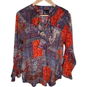 New Directions Boho Patchwork Blouse Large V-Neck Bell Sleeve Fall Top